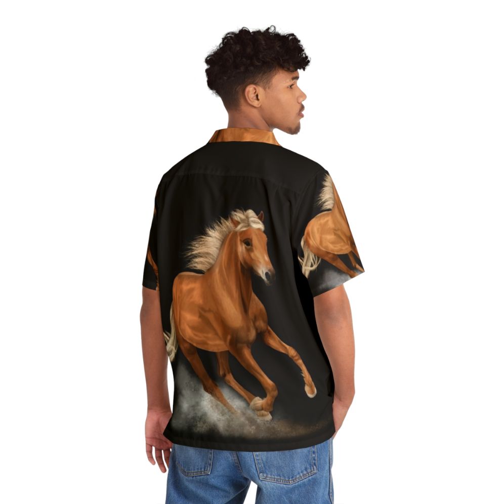 Vibrant painting of a running palomino horse on a Hawaiian shirt - People Back