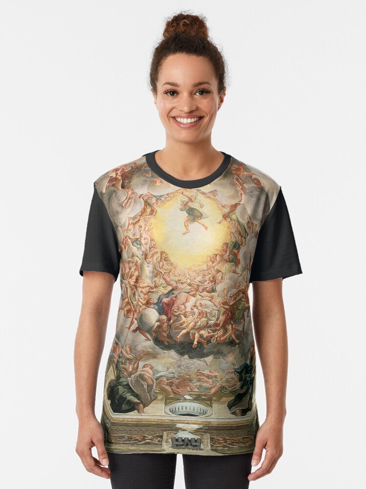 Graphic t-shirt featuring Michelangelo's iconic Sistine Chapel ceiling artwork. - Women