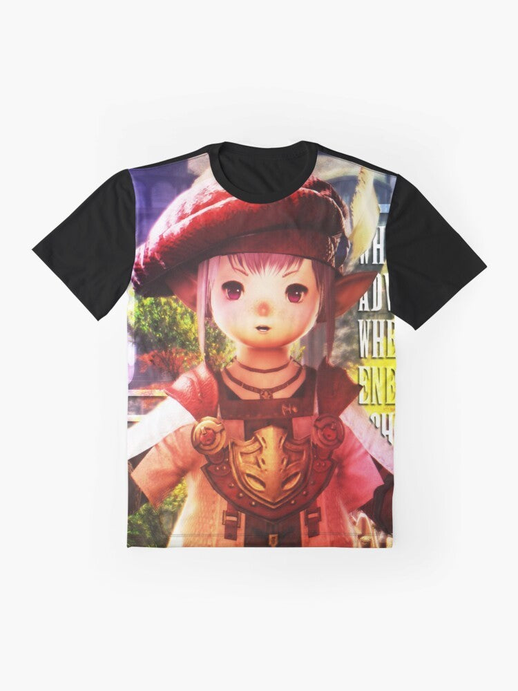 Graphic t-shirt featuring Tataru, the wise accountant character from the video game Final Fantasy XIV (FFXIV) - Flat lay