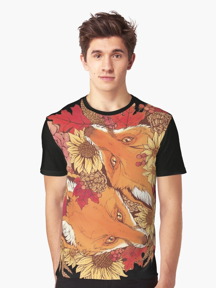 Autumn fox graphic design with sunflowers and fall leaves - Men