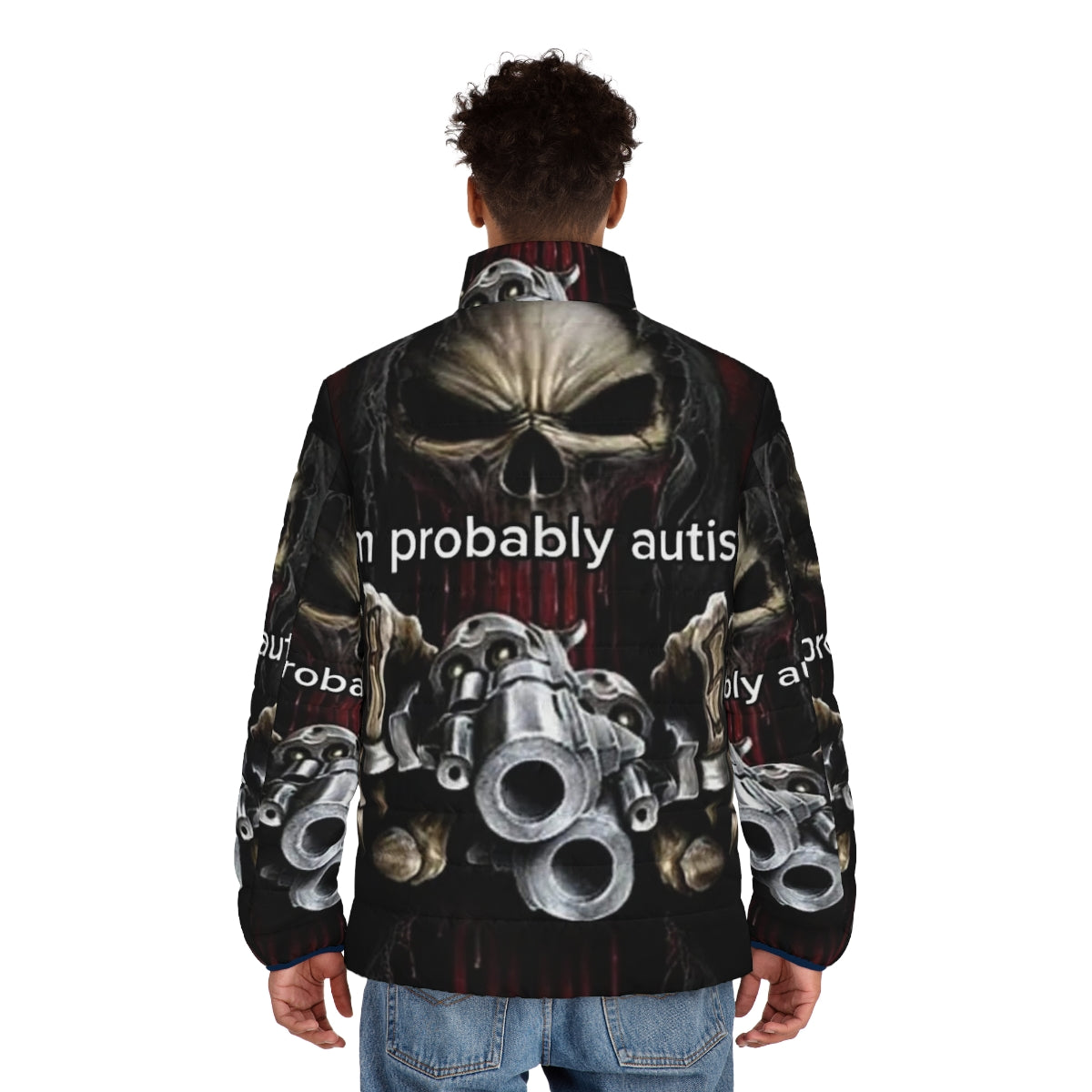 Autistic puffer jacket featuring a skeleton design and dark humor elements - men back