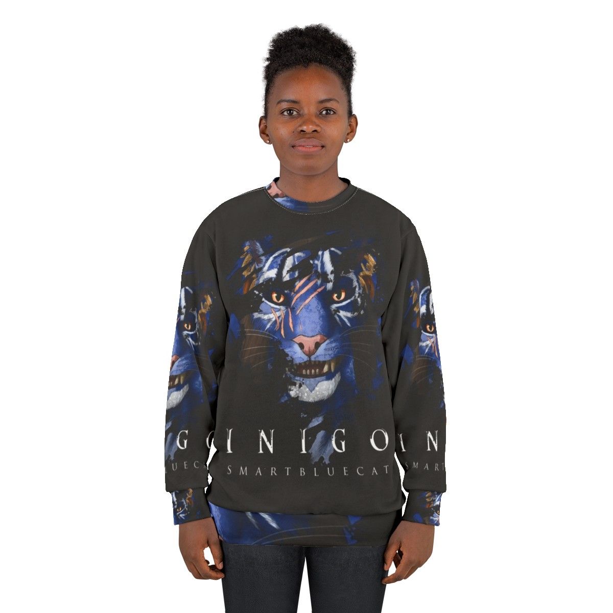 Inigo the Khajiit companion from Skyrim featured on a dark sweatshirt - women