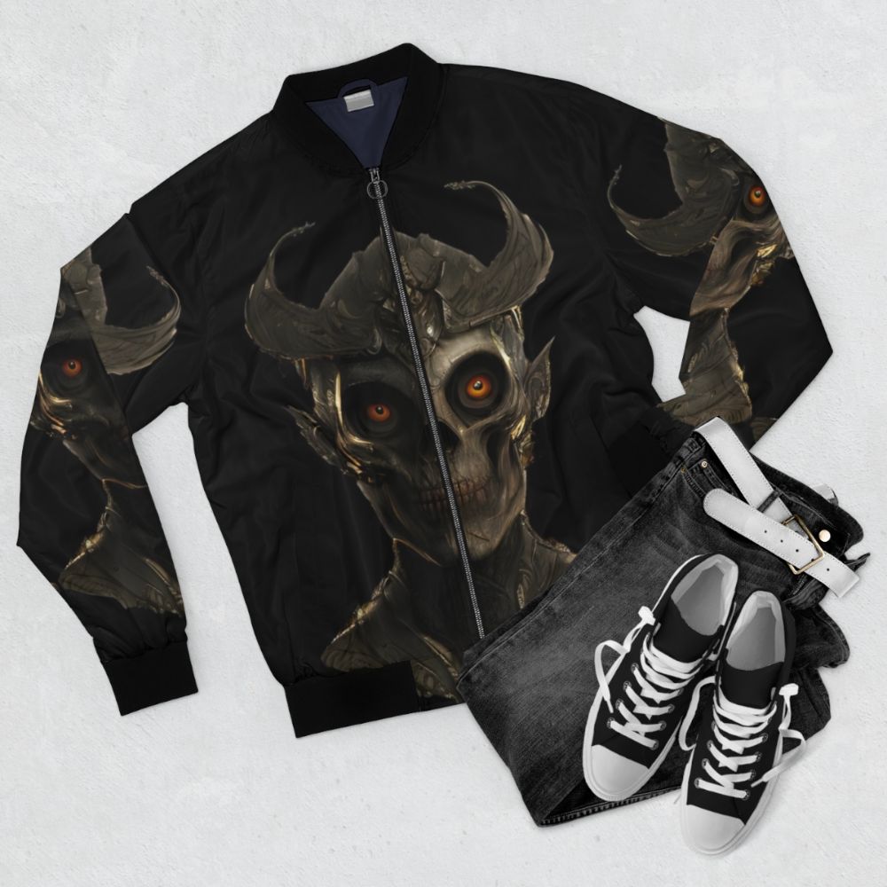 Bomber jacket featuring a skull warrior of the undead army design - Flat lay