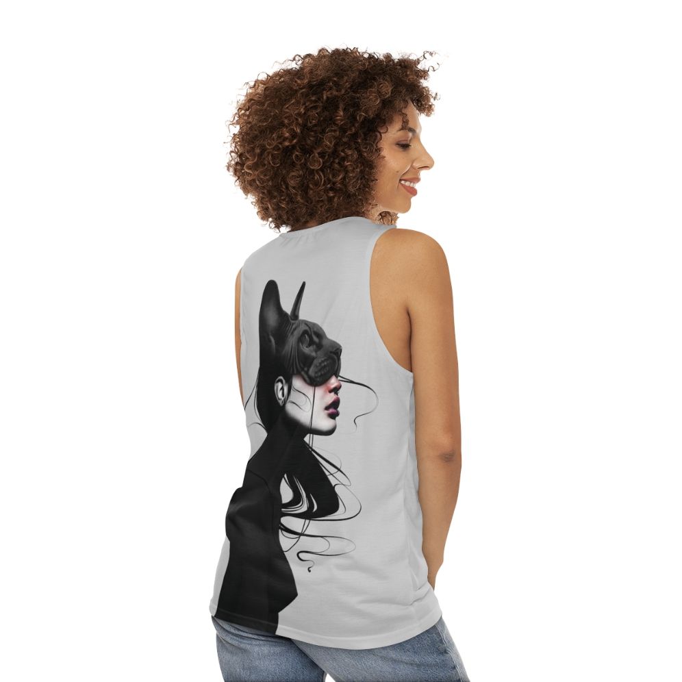 Unisex tank top featuring a black and white portrait - women back