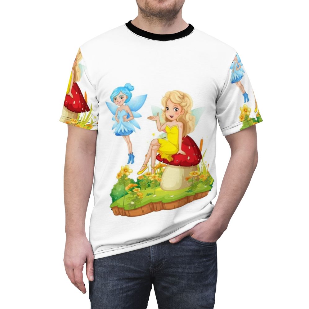 Colorful T-shirt design featuring a mystic dragon, unicorn, and other legendary fantasy animals - men front