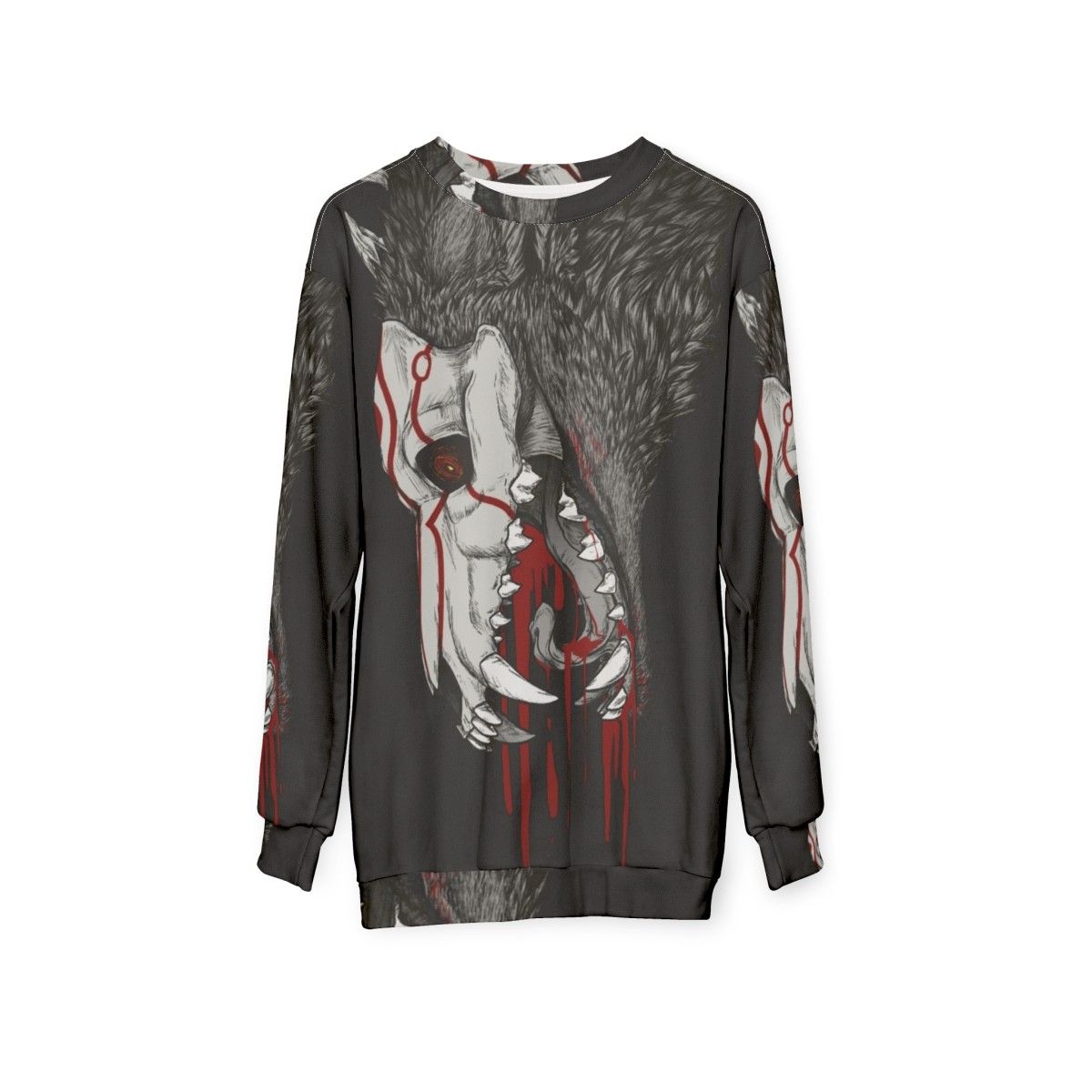 Black sweatshirt with horror-inspired graphic of a Creature of Grimm from the anime series RWBY - hanging