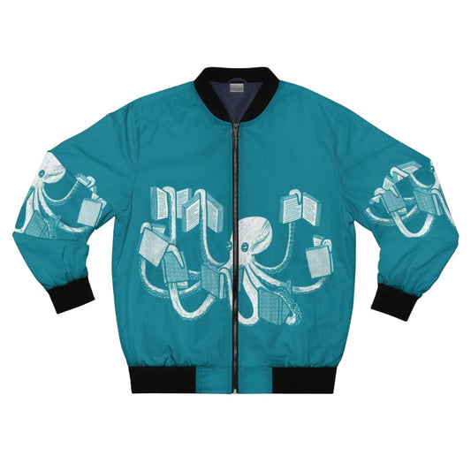 Octopus wearing a bomber jacket holding a book, representing a book lover and reader.