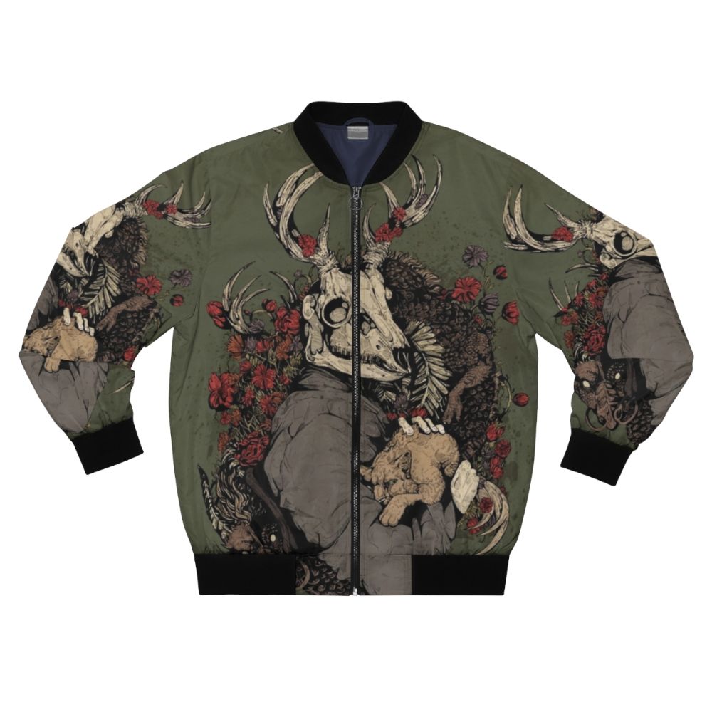 A bomber jacket featuring a stunning dragon tattoo design with traditional elements including deer, stag, skull, and cat.