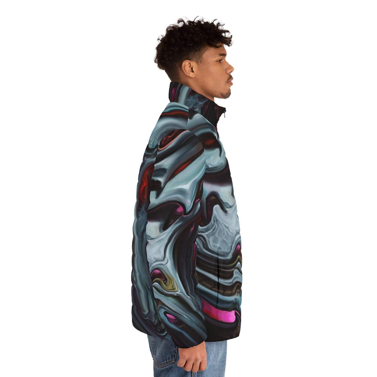 Biomechanical dark puffer jacket with organic, tattoo-inspired design - men side right