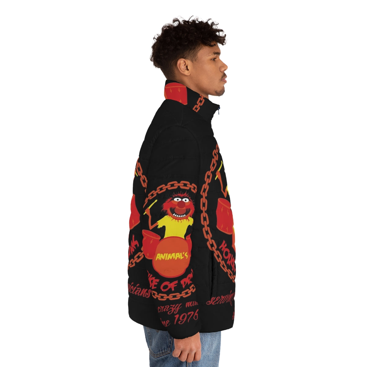 A cozy puffer jacket featuring Muppet characters and drumming motifs - men side right