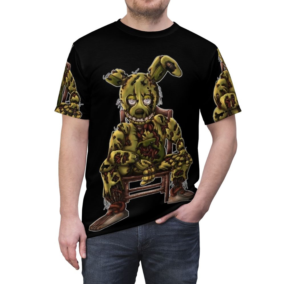 Springtrap, a character from the Five Nights at Freddy's game series, sitting in a chair with a white outline design on a t-shirt. - men front