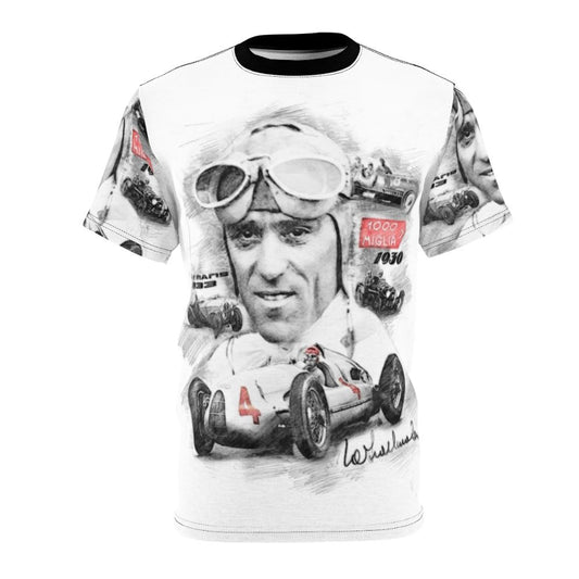 Vintage-inspired Tazio Nuvolari racing t-shirt with classic car and motorsports graphics.