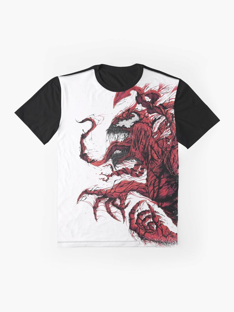 Red symbiote graphic t-shirt with comic book-inspired carnage spider design - Flat lay