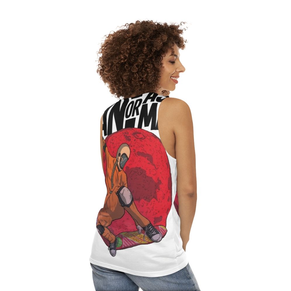 Unisex tank top featuring the indie band Man or Astroman's surf music and psychedelic rock - women back