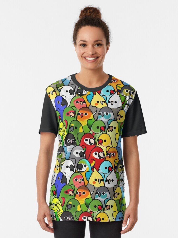 Colorful bird graphic t-shirt featuring a too many birds design - Women