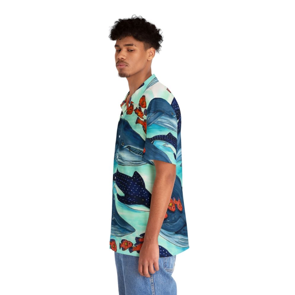 Colorful Hawaiian shirt with blue whales and other ocean life - People Left