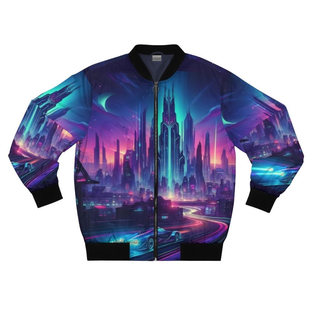 Futuristic city cyberpunk bomber jacket with neon lights and cityscape design