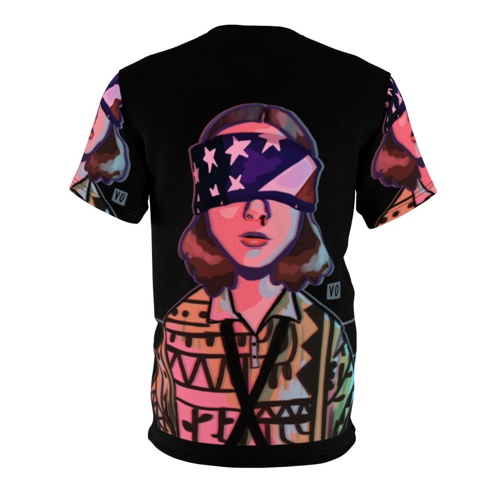 Patriotic Eleven Stranger Things Inspired T-Shirt featuring the number 11 with an American flag background - Back