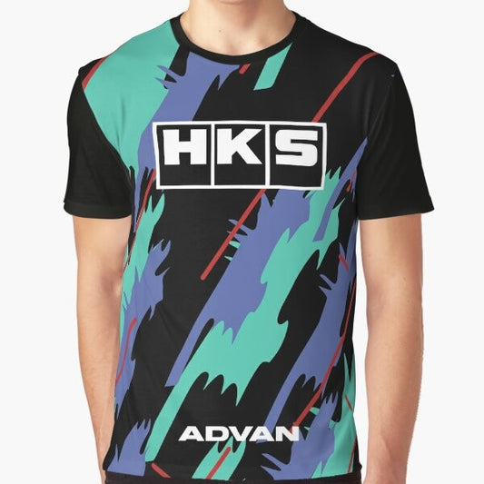 Retro HKS Oil Livery Graphic T-Shirt featuring classic JDM automotive designs