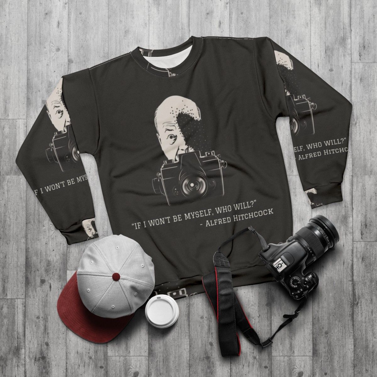 Alfred Hitchcock Quote Sweatshirt featuring iconic movie quotes - flat lay