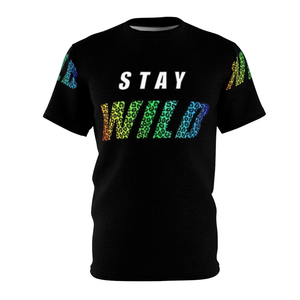 A vibrant all-over-print t-shirt featuring a colorful leopard design and the phrase "Stay Wild"