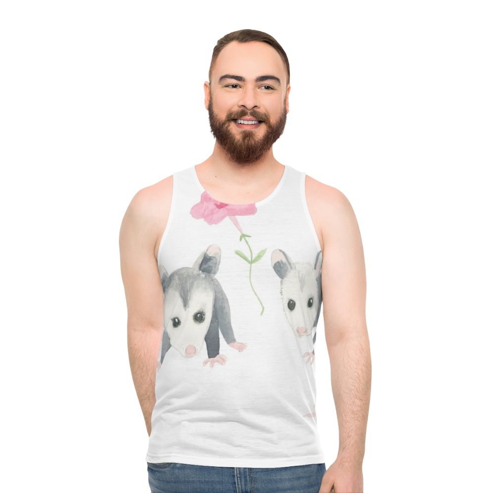 Baby opossum and pink petunia print on a unisex tank top - men