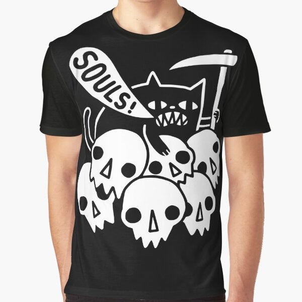 Graphic t-shirt design featuring a black cat with a skeleton skull and the phrase "Cat Got Your Soul?"