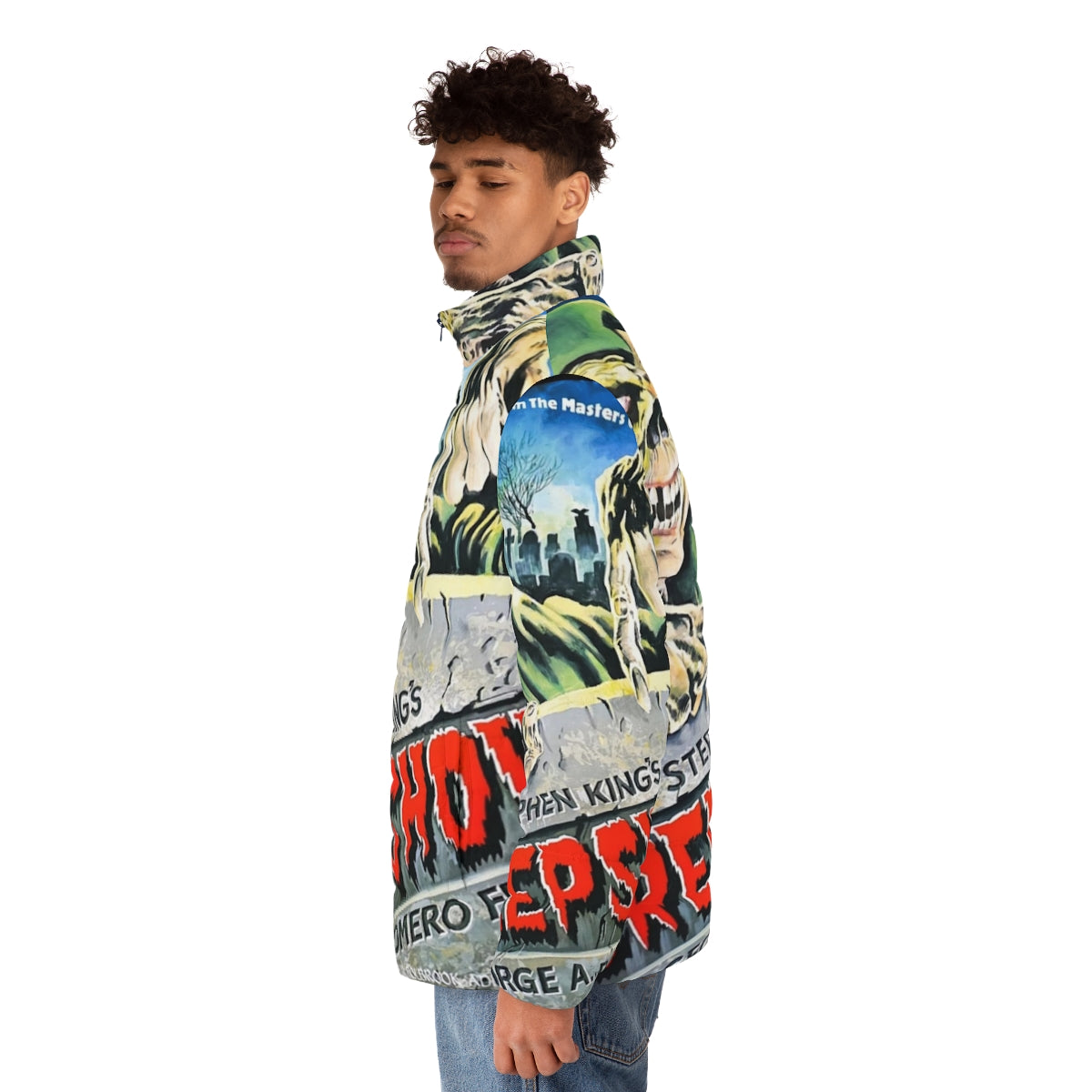 Creepshow horror movie puffer jacket featuring spooky graphics and inspired by Stephen King stories - men side left