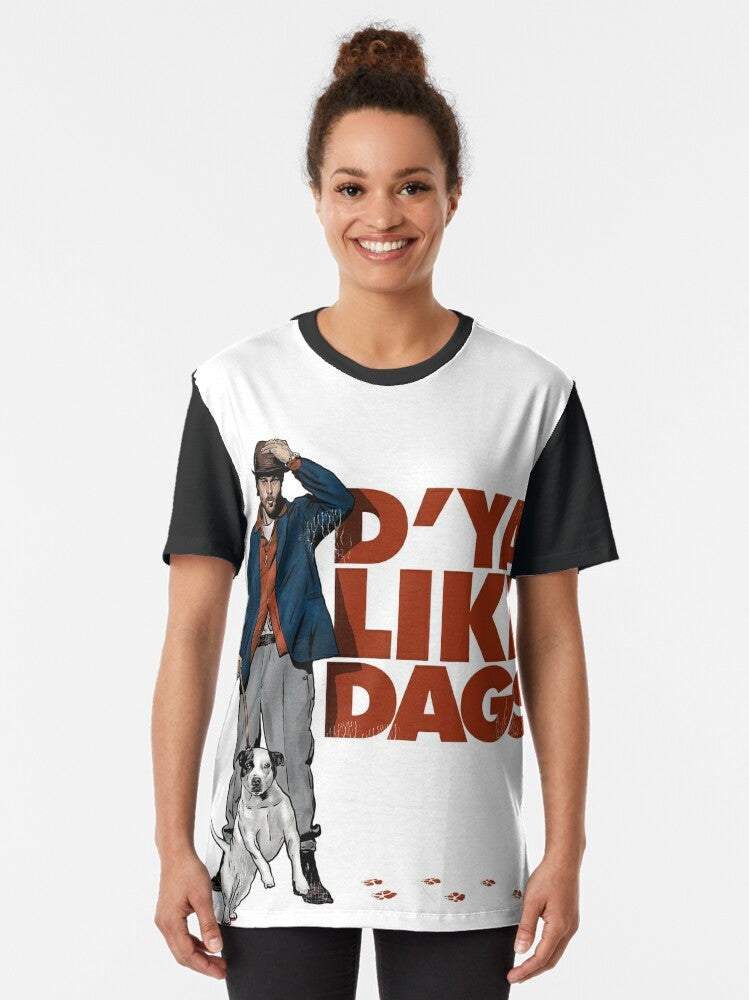 "D'Ya Like Dags?" Graphic T-Shirt featuring a design inspired by the Guy Ritchie movie "Snatch" with Brad Pitt. - Women