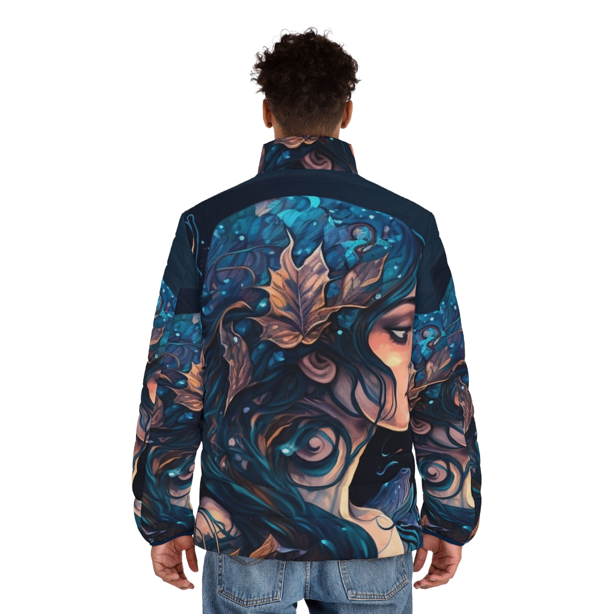 Mythical sea creatures puffer jacket featuring fantastical designs - men back