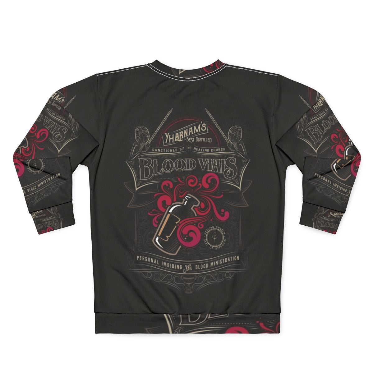 Yharnam Blood Vials Bloodborne Sweatshirt with Cosmic Horror Fanart - Back