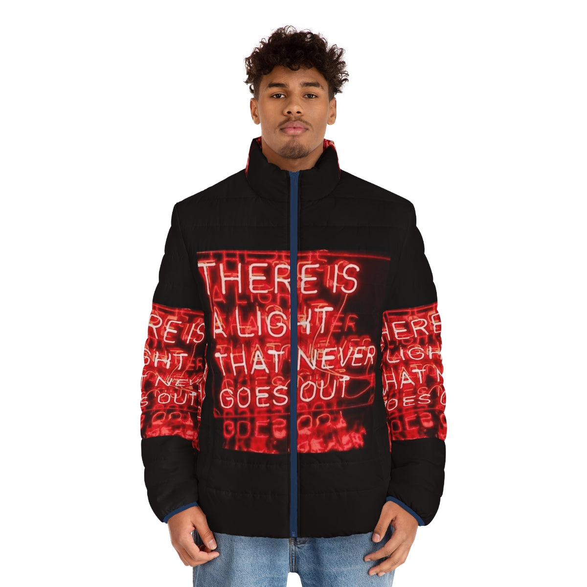 The Smiths "There Is A Light That Never Goes Out" Puffer Jacket with neon lights and red color - men front