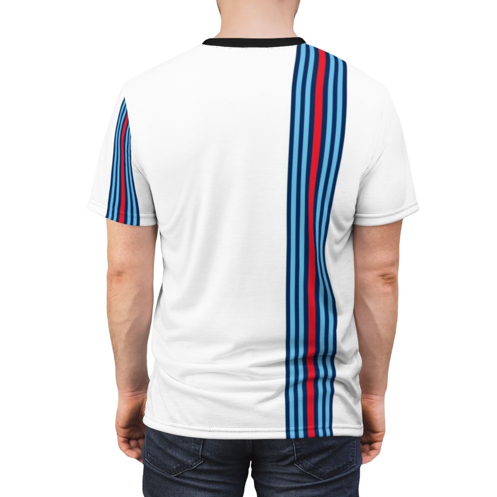 Vintage-inspired racing stripes graphic on a high-quality t-shirt for classic car and motorsports fans - men back