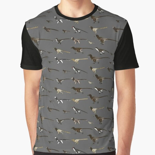 Graphic t-shirt featuring a velociraptor dromaeosaurid dinosaur design