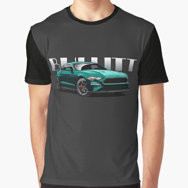 BULLITT Mustang Graphic T-Shirt featuring the iconic green Ford Mustang from the classic film starring Steve McQueen