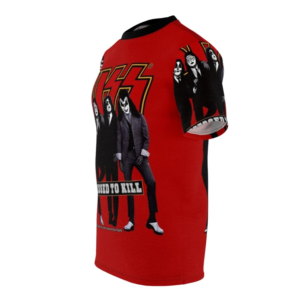 Red and black all over pattern t-shirt featuring a tribute design to the classic rock band KISS - men left