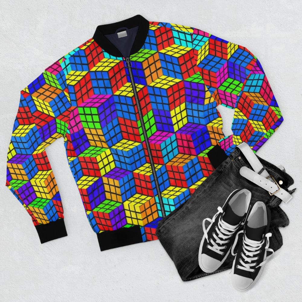 Colorful retro bomber jacket with Rubik's cube and Escher-inspired illusion design - Flat lay