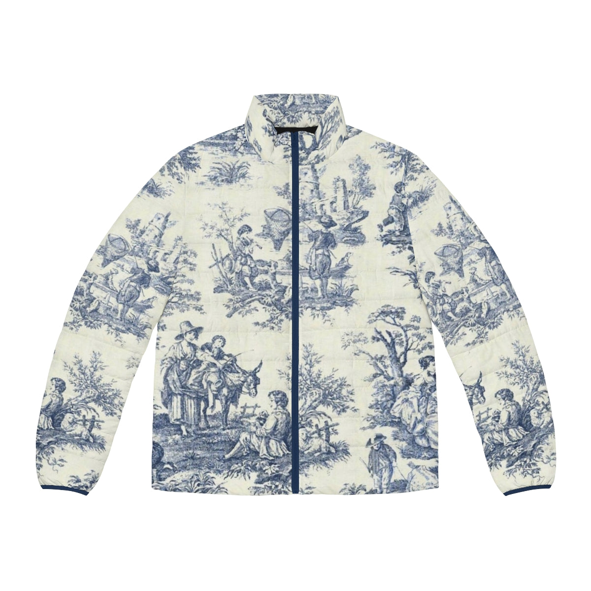 Powder blue puffer jacket with vintage French toile and floral designs