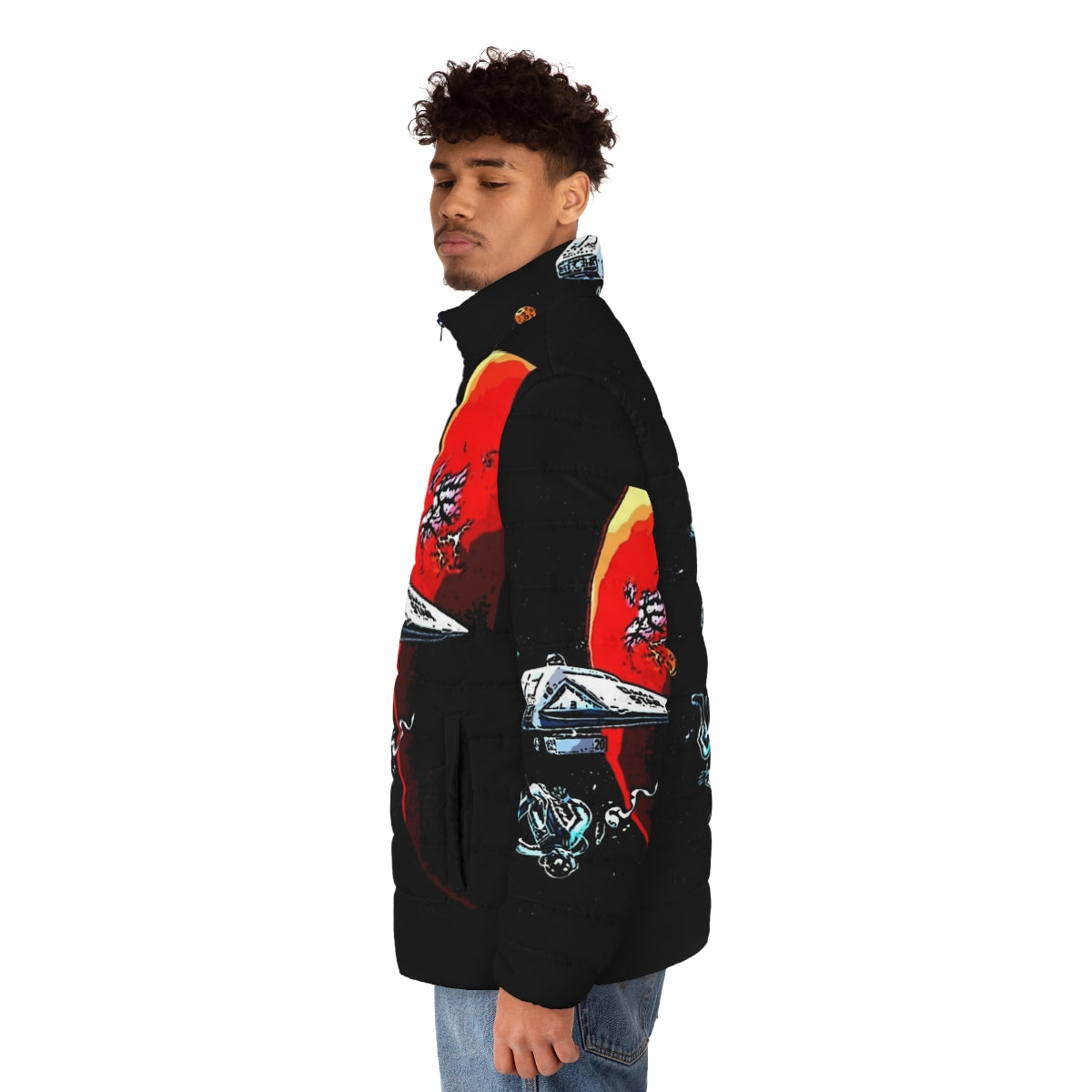 Dark Star sci-fi puffer jacket with spacecraft and retro design - men side left