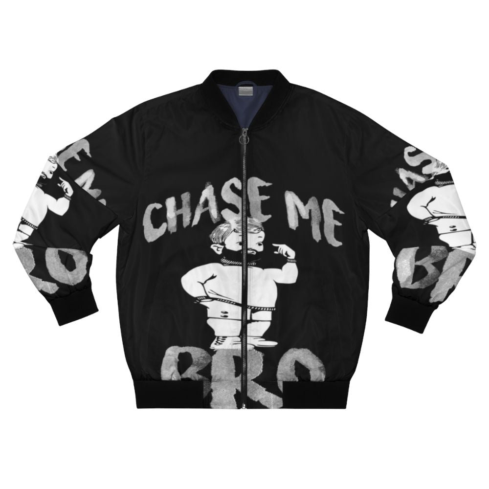 A vibrant bomber jacket featuring a "Chase Me Bro" design, perfect for the gay bear and chub chaser community.