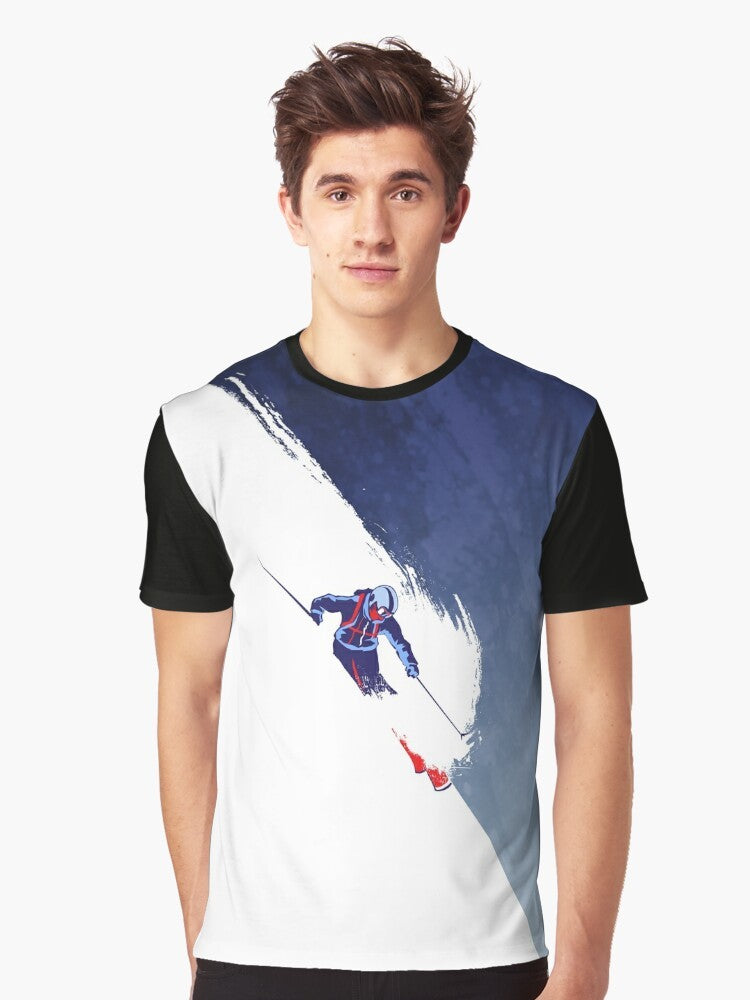 Vintage-style graphic t-shirt featuring a "Powder to the People" slogan design with a skiing illustration, snowflakes, and a retro sports aesthetic. - Men