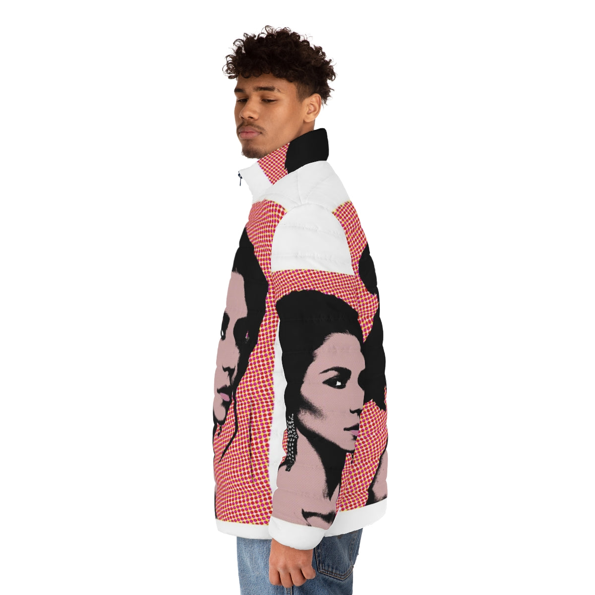 Vibrant marina pop art puffer jacket with electra heart and love and fear design - men side left