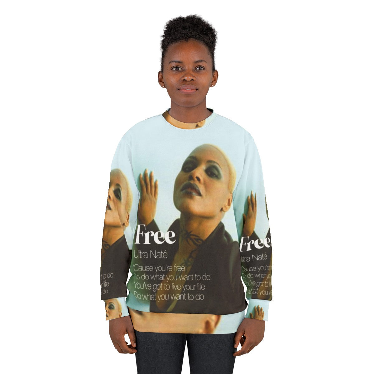 Colorful sweatshirt featuring Ultra Nate's classic house music album cover - women