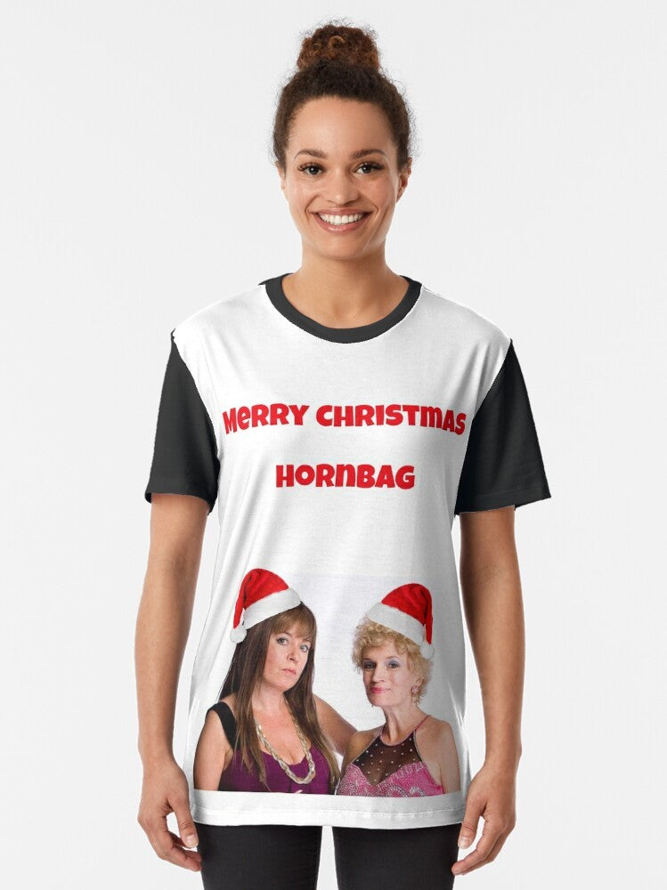 Kath and Kim Hornbag Christmas Graphic T-Shirt - Aussie Christmas Tee featuring Kath and Kim characters - Women