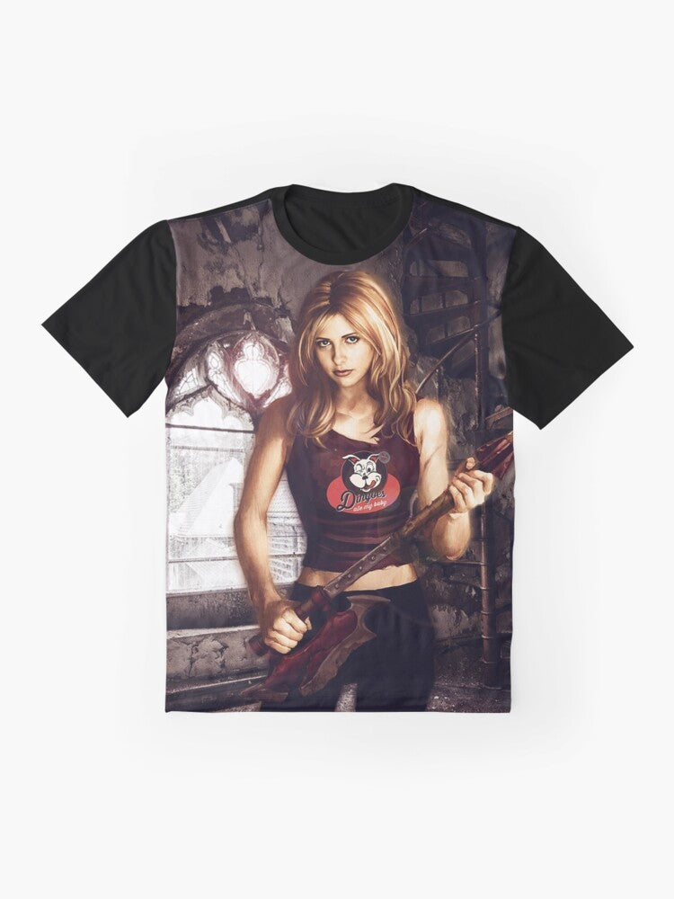 Buffy the Vampire Slayer graphic design t-shirt featuring the show's logo and characters - Flat lay