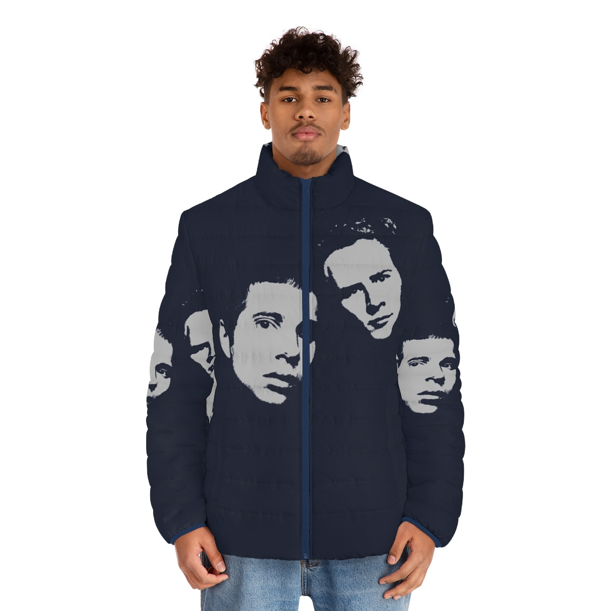 Retro soft music puffer jacket with Simon & Garfunkel tribute design - men front