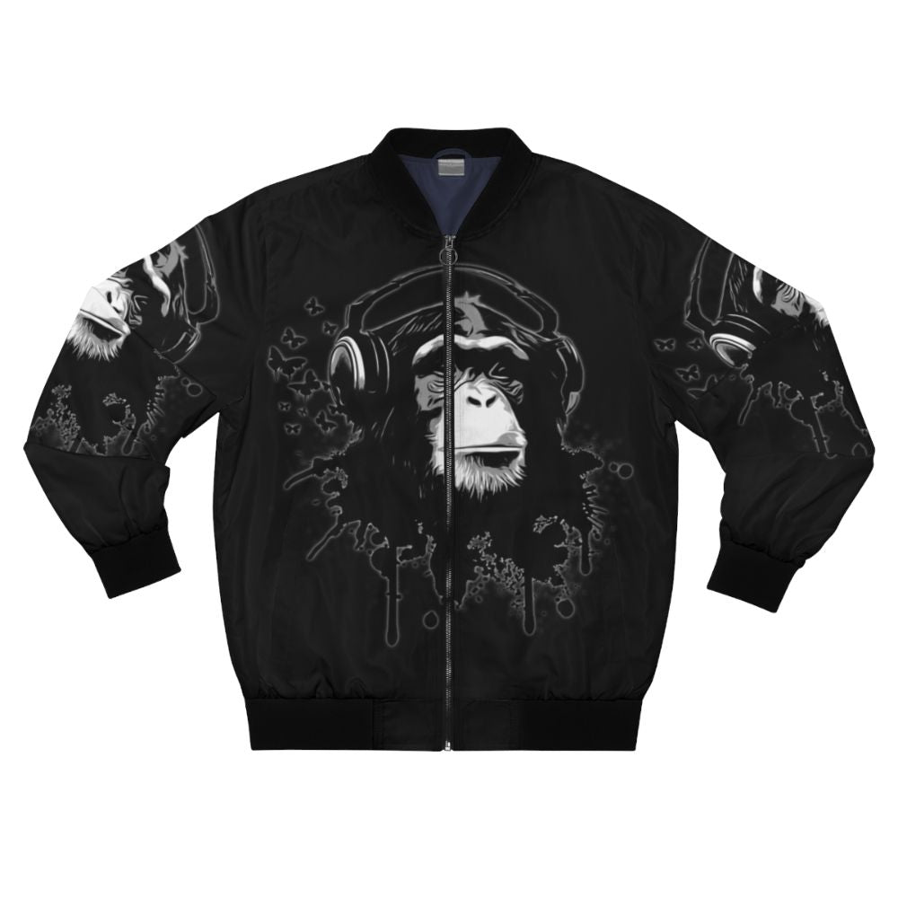 Black bomber jacket with graffiti-style monkey and butterflies design