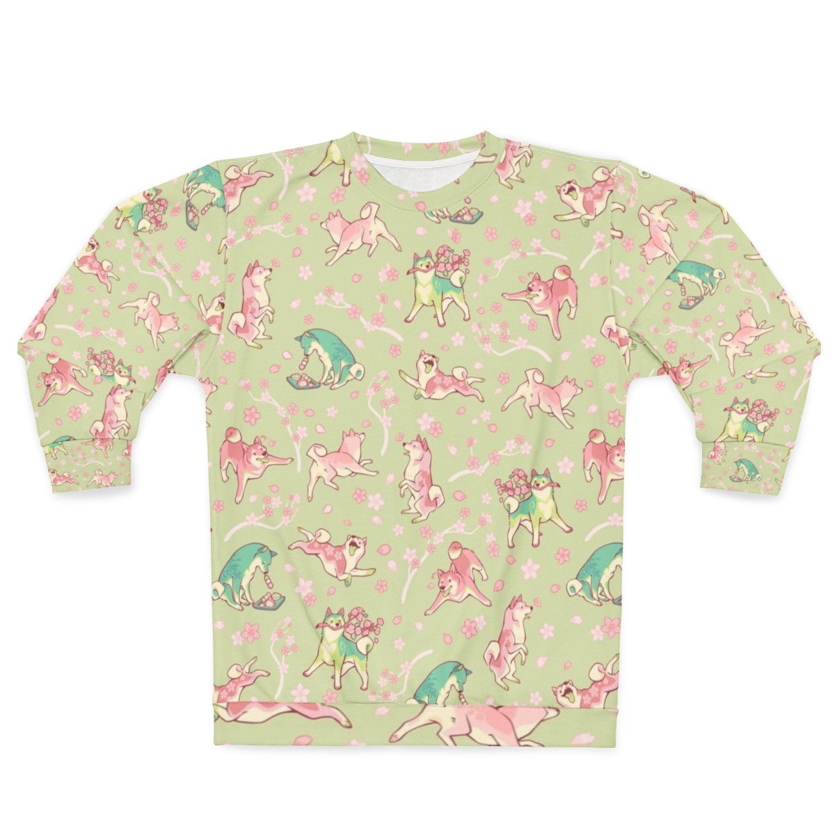 Shibakura Matchinu Matcha Sweatshirt with Shiba Inu Dog and Sakura Flower Pattern