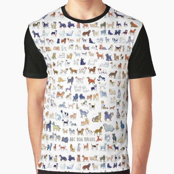 Watercolor graphic t-shirt featuring all American Kennel Club (AKC) recognized dog breeds