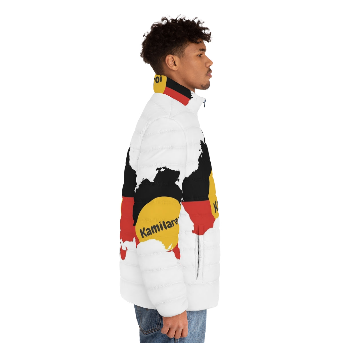 Kamilaroi Aboriginal Australian Puffer Jacket featuring indigenous Australian design and cultural elements - men side right